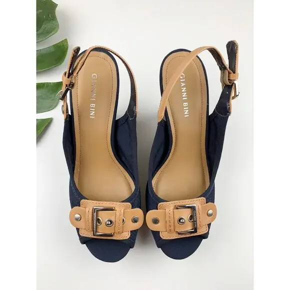 Gianni Bini Platform Wedge Heel Sandals Blue Tan Peep Toe Slingback Women's 8.5 - Picture 2 of 10